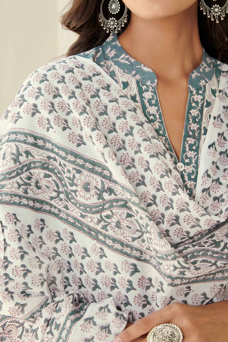 White Hand Block Printed Cotton Mul Dupatta