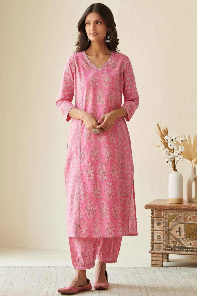 Pink Hand Block Printed Straight Cotton Kurta