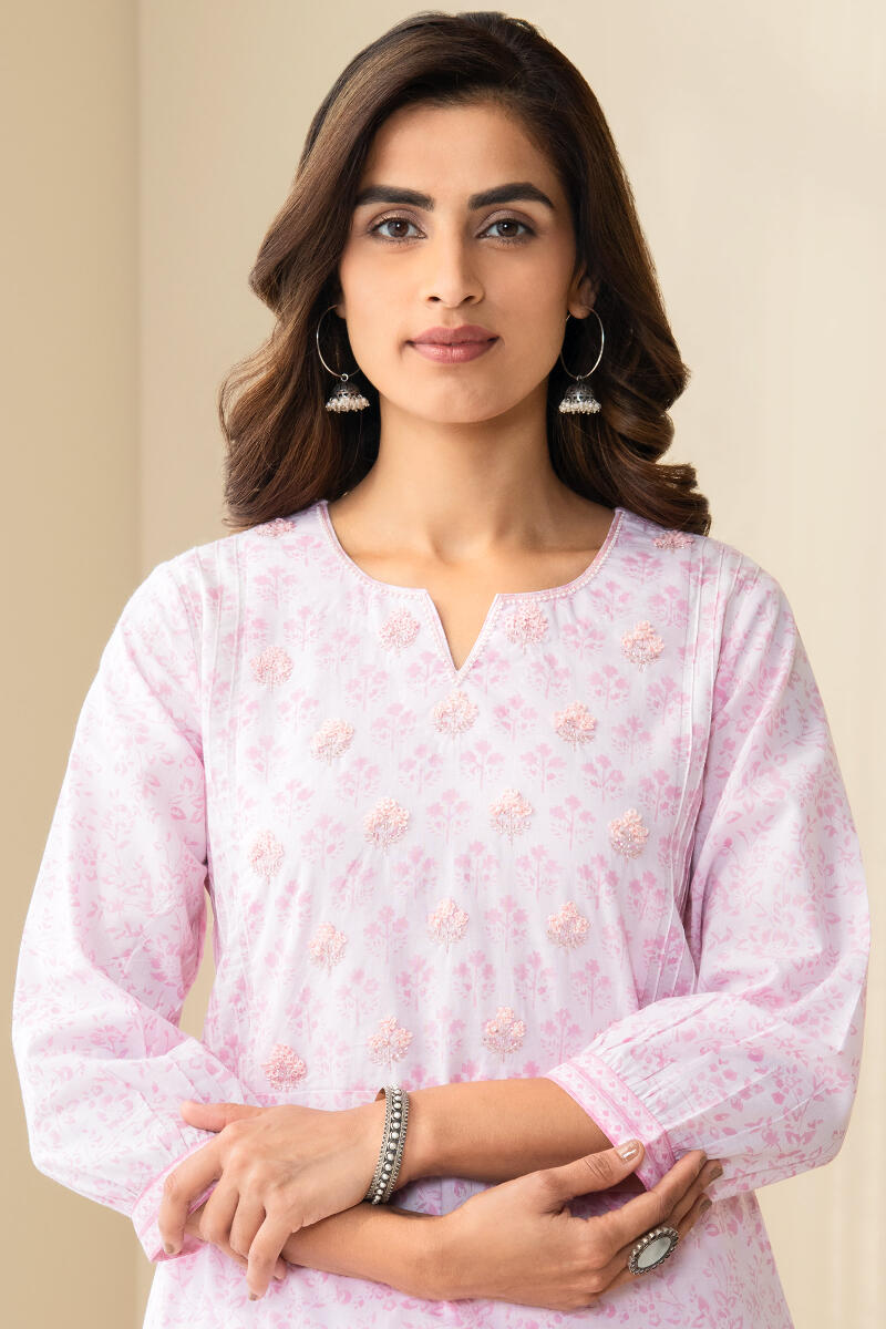 Pink Hand Block Printed Straight Cotton Kurta