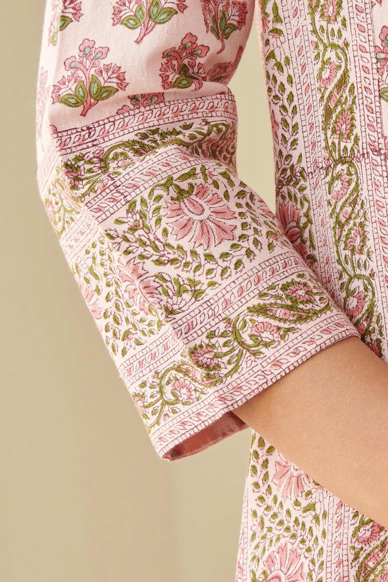 Pink Block Printed Straight Cotton Flax Kurta