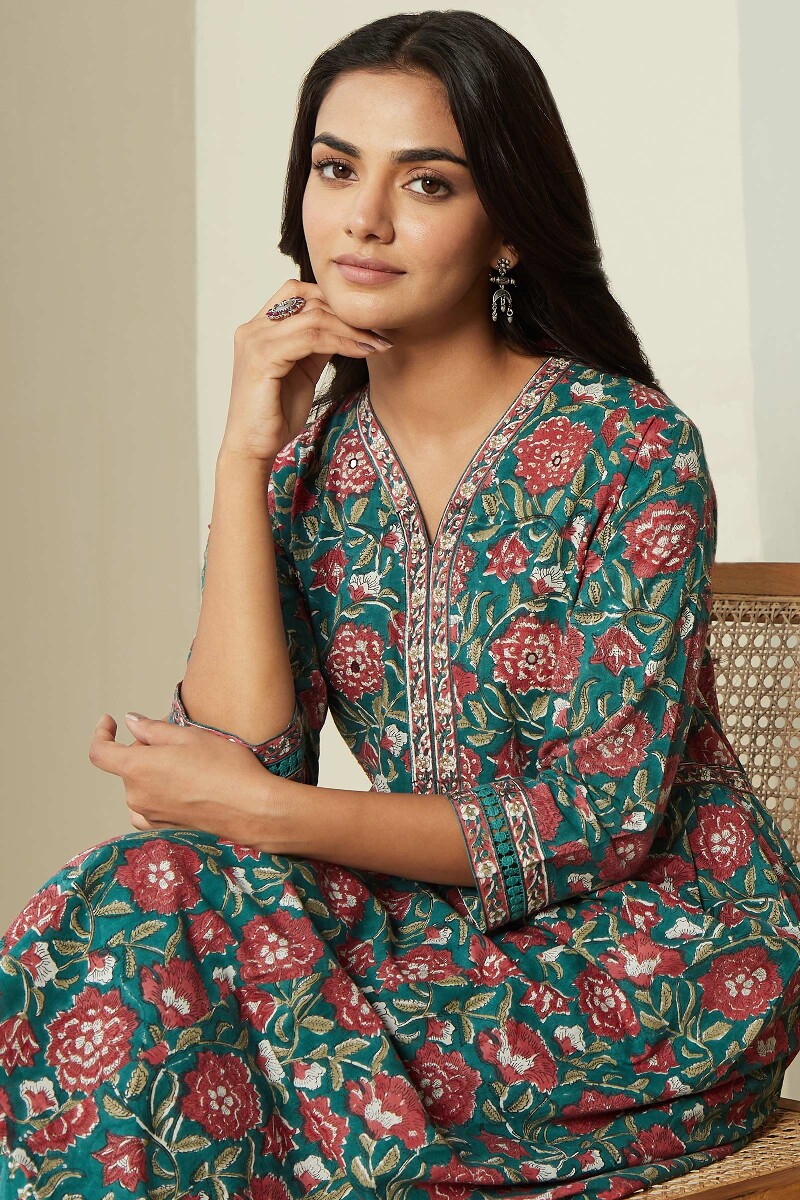 Green Hand Block Printed A-Line Cotton Kurta