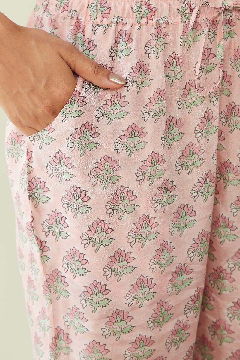 Pink Hand Block Printed Modal Narrow Pants