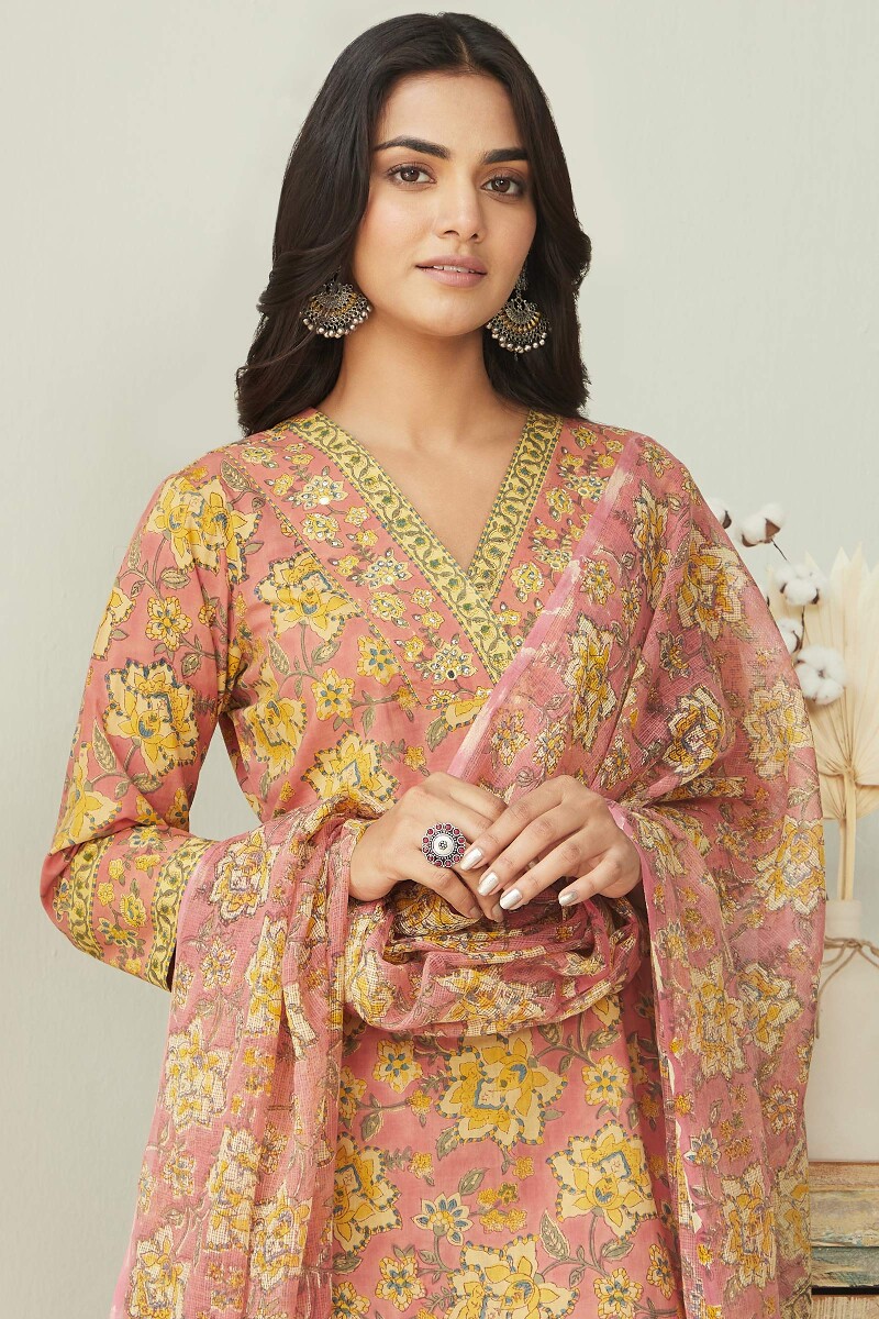 Peach Hand Block Printed Straight Cotton Kurta