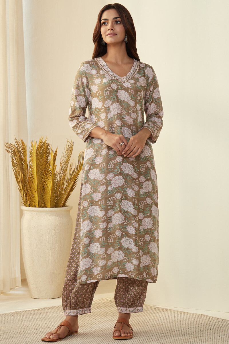 Brown Hand Block-Printed Straight Modal Kurta