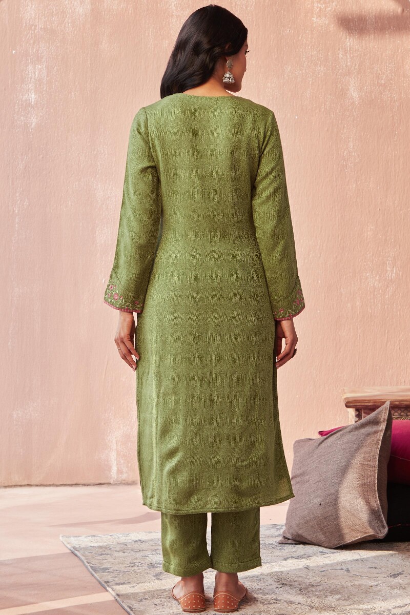 Green Handcrafted Straight Faux Wool Kurta