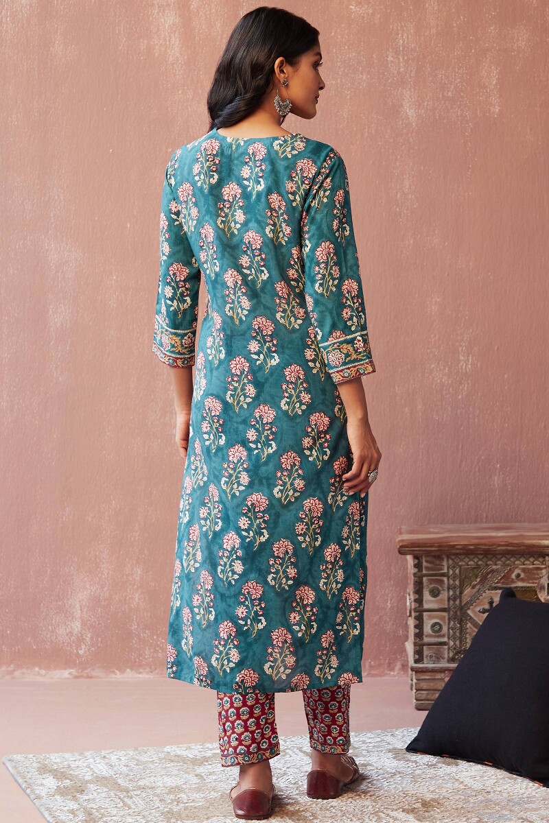 Teal Hand Block-Printed Straight Viscose Kurta