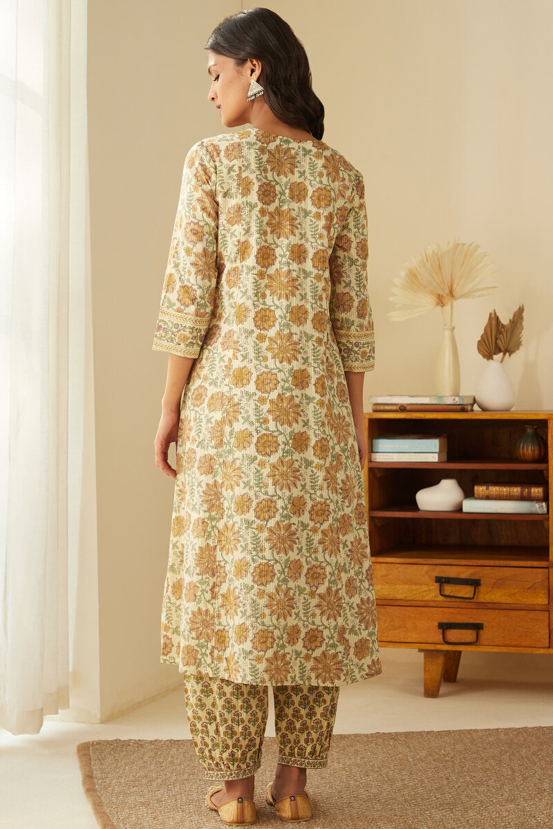 Beige Hand Block-Printed A-Line Cotton Dobby Kurta