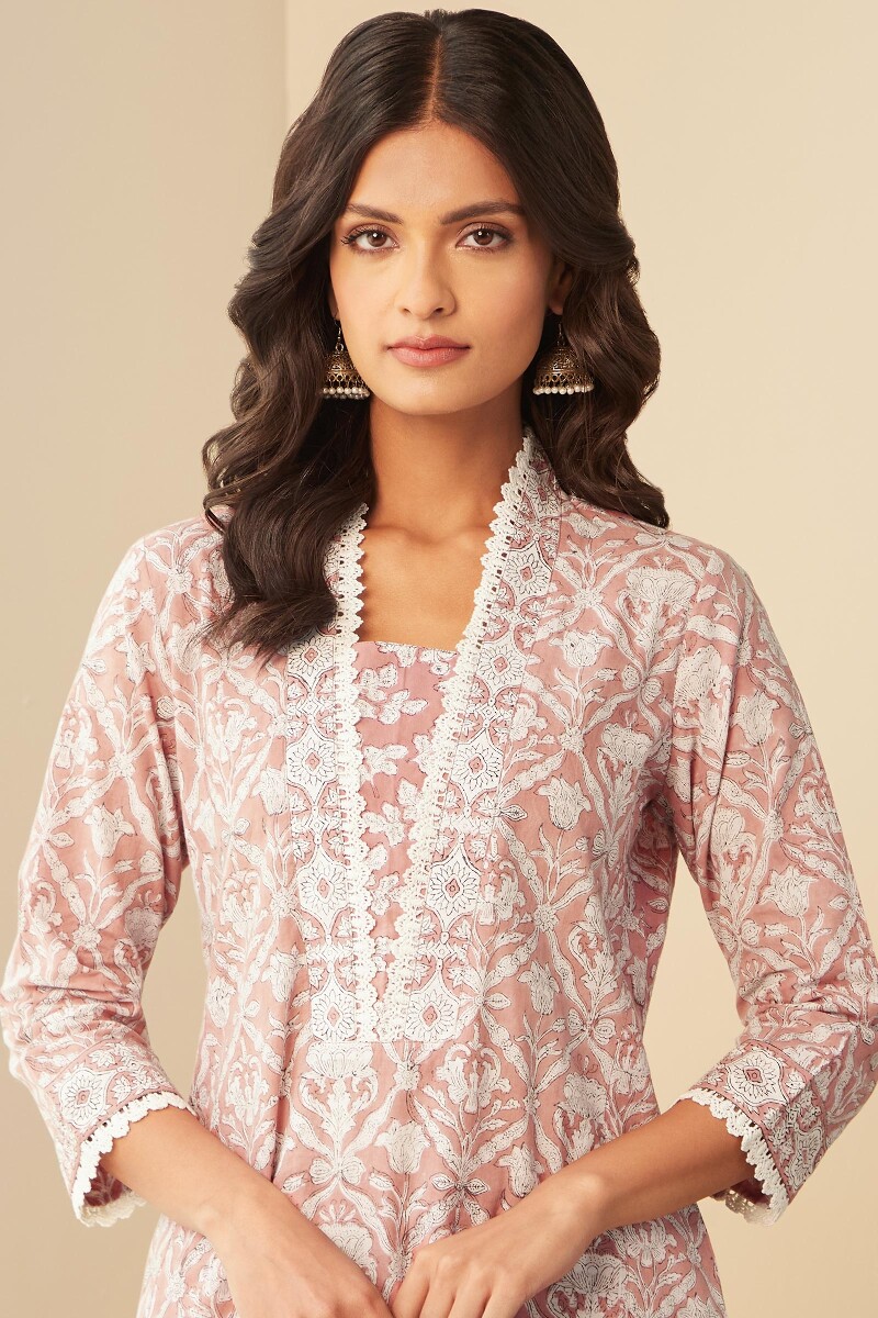 Pink Hand Block-Printed Straight Cotton Kurta