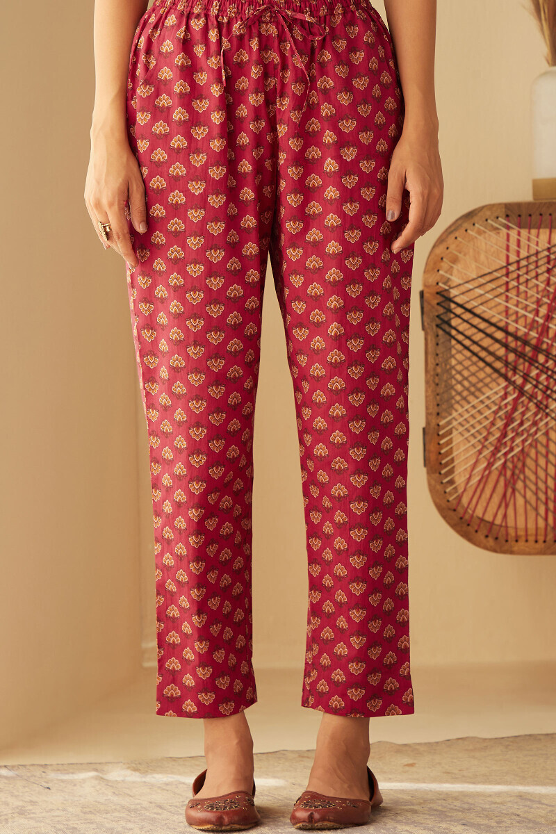 Pink Hand Printed Cotton Narrow Pants