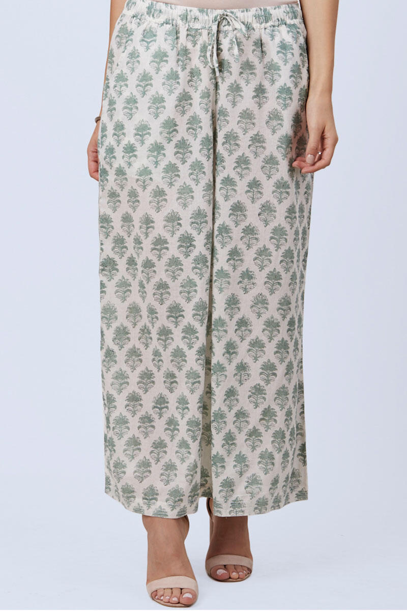 Green Block Printed Cotton Palazzo