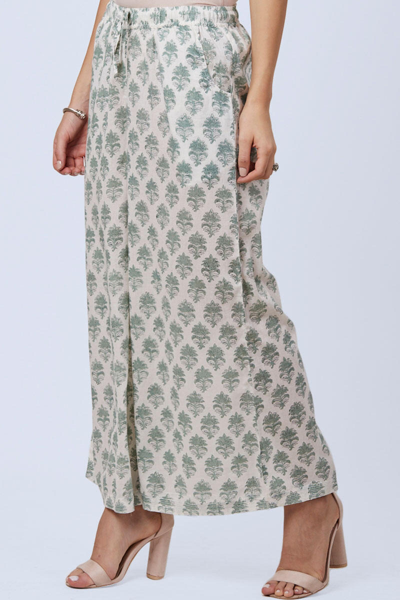 Green Block Printed Cotton Palazzo