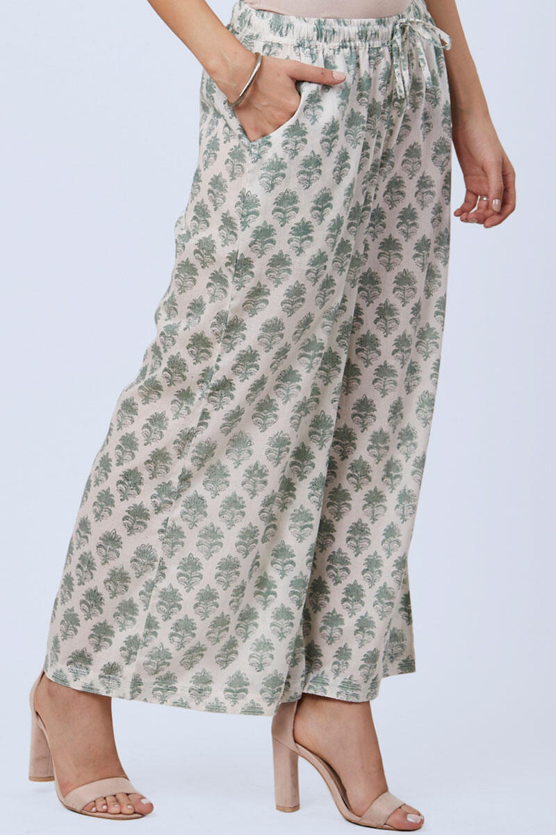 Green Block Printed Cotton Palazzo