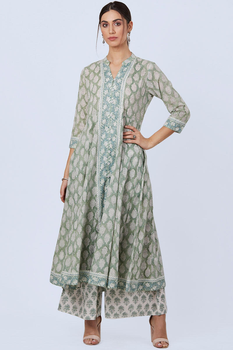 Green Block Printed Cotton Palazzo