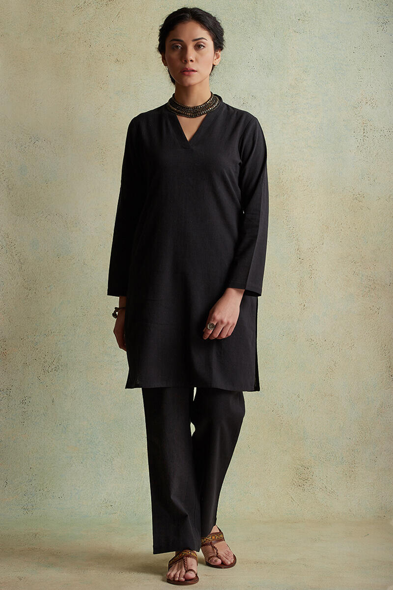 Black Handloom Short Cotton Kurta