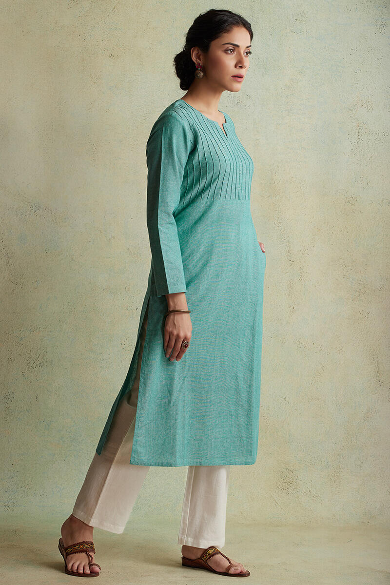 Turquoise Handloom Straight Cotton Kurta