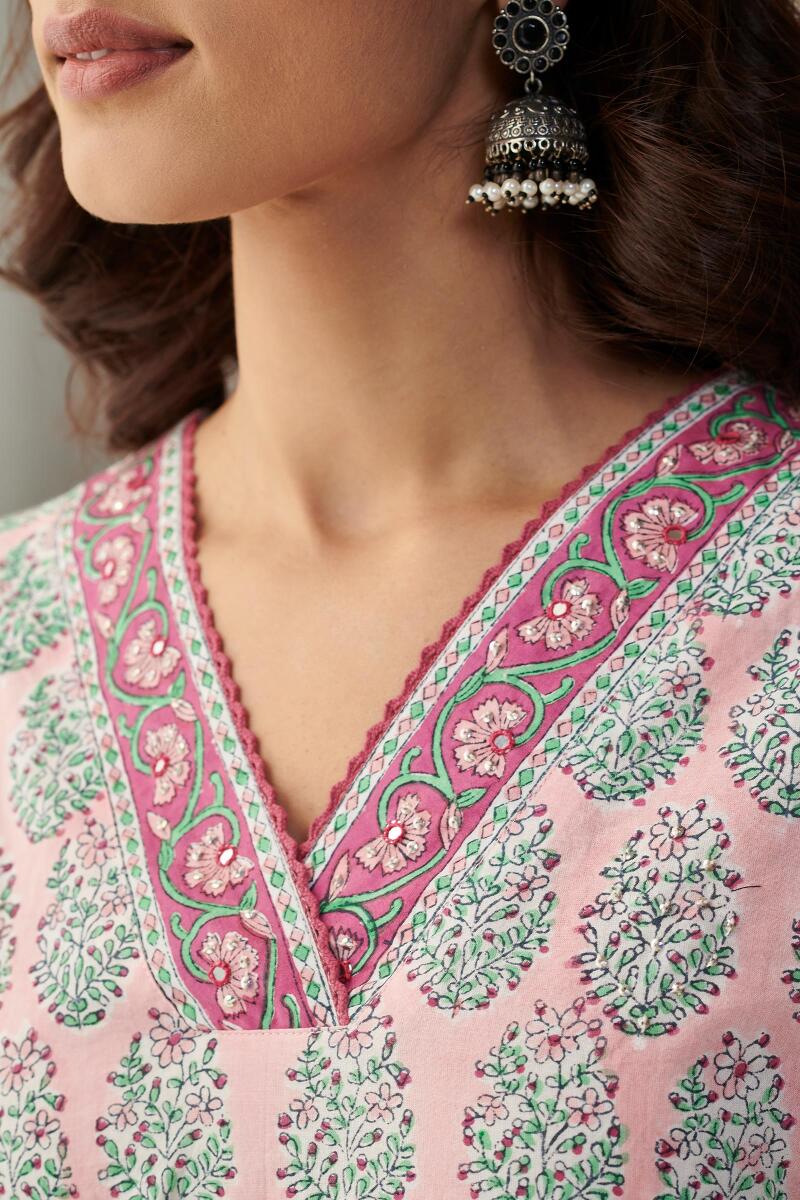 Pink Block Printed Straight Cotton Kurta