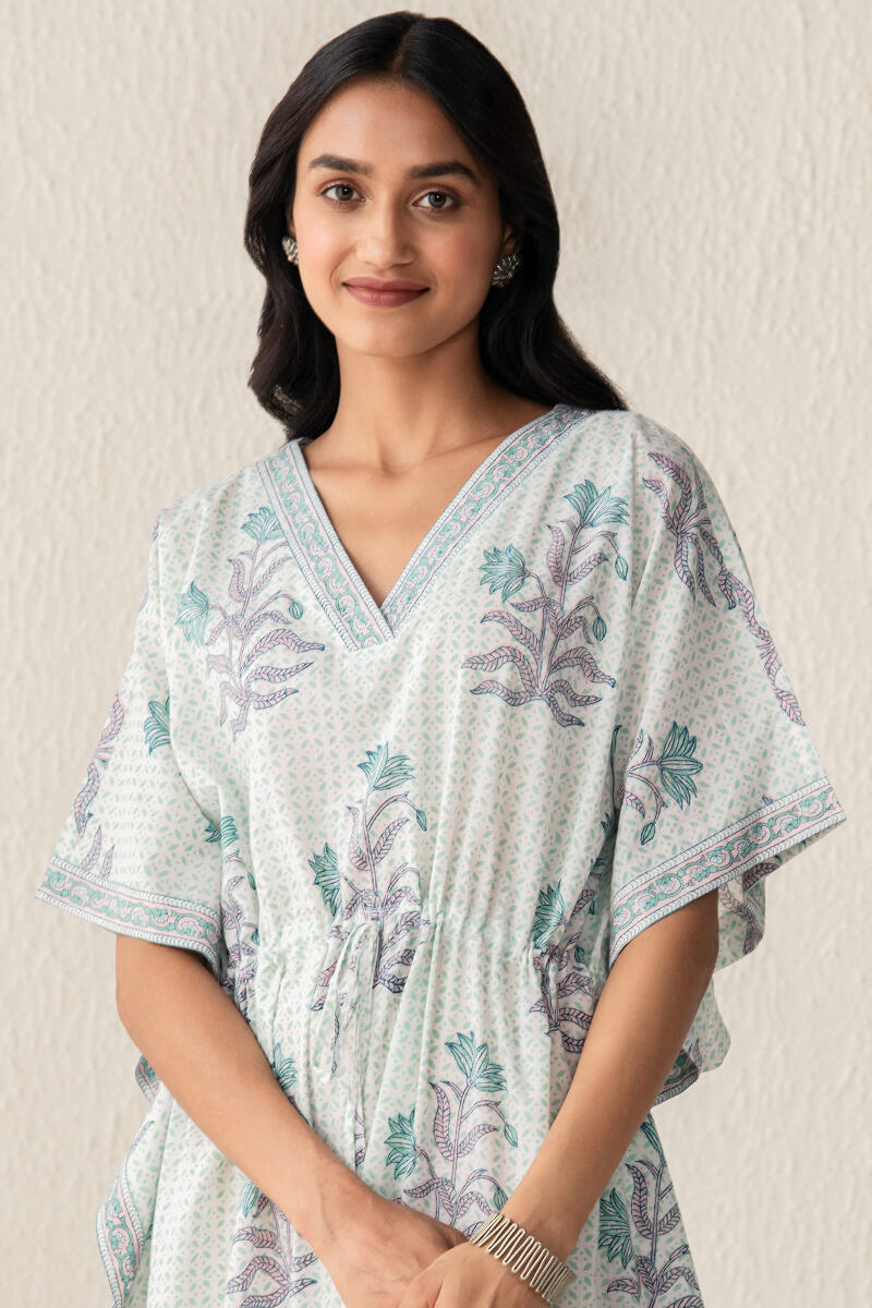 White Hand Block Printed Cotton Kaftan