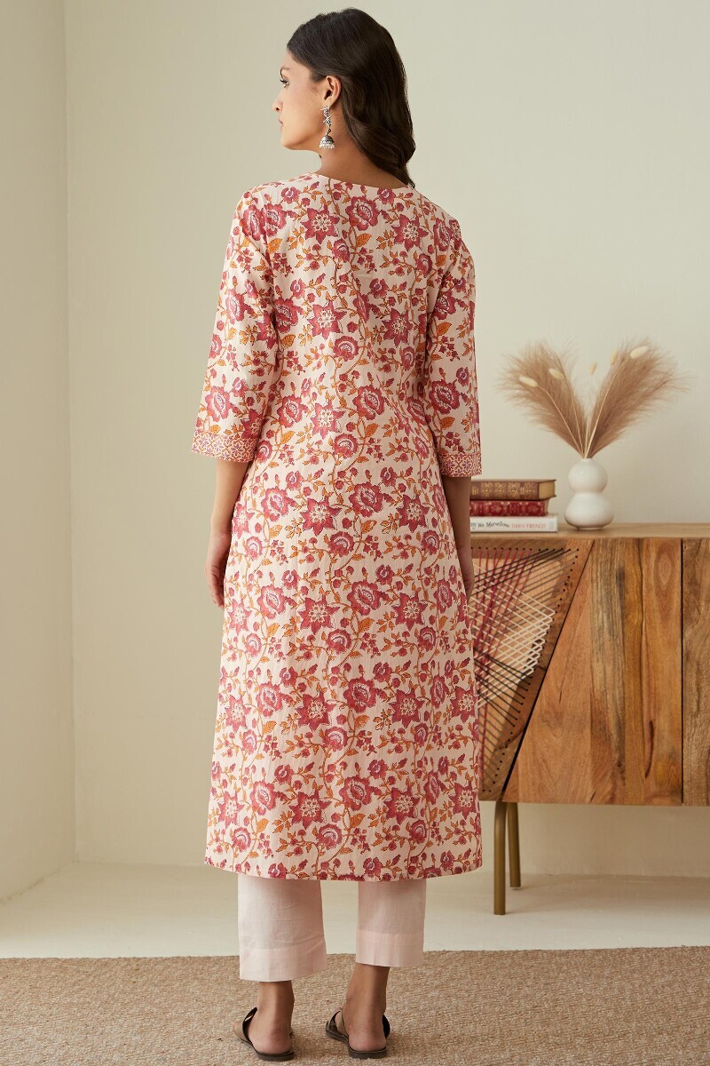 Cream Hand Block-Printed Straight Cotton Kurta