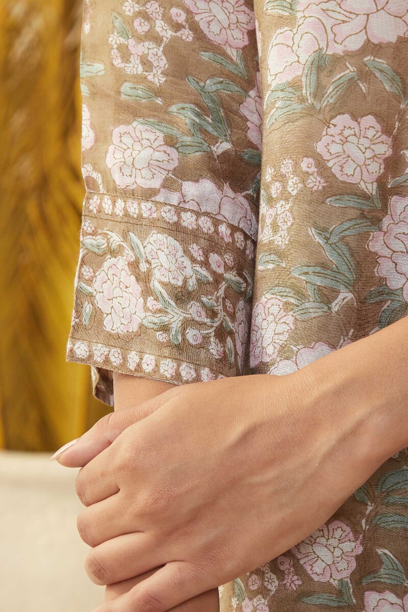 Brown Hand Block-Printed Straight Modal Kurta