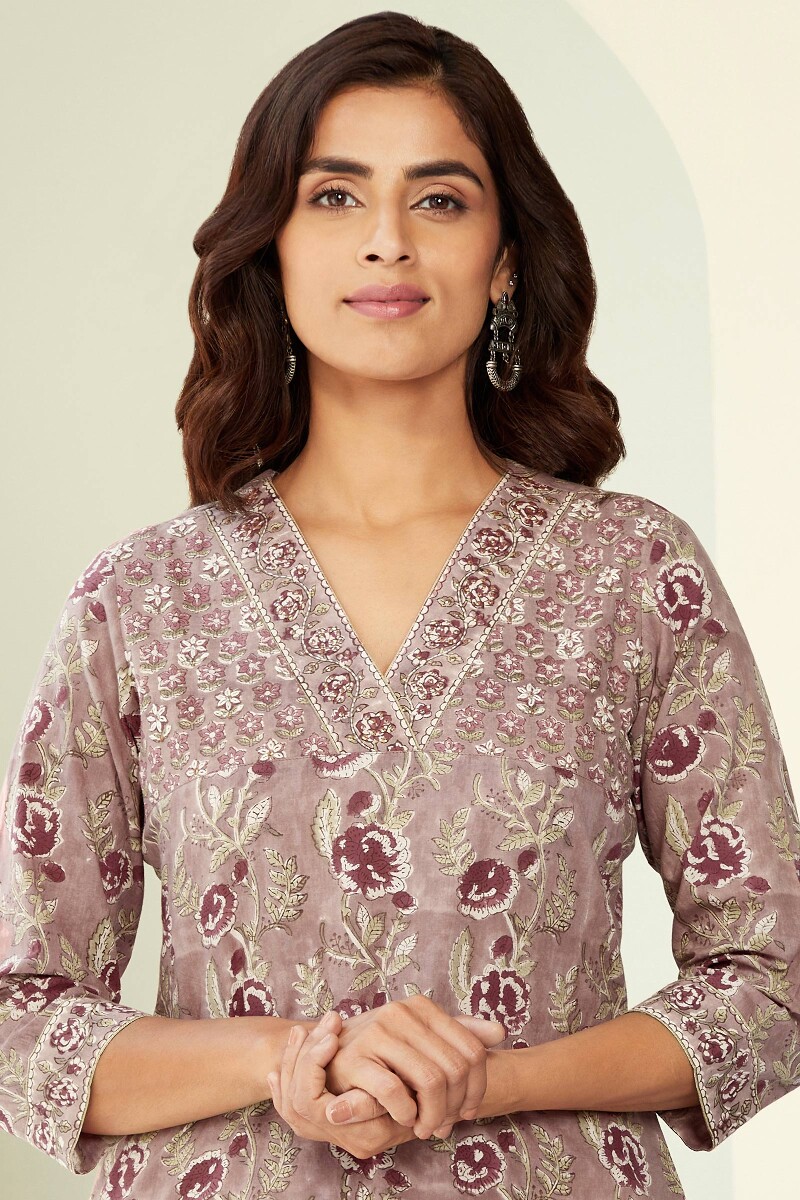 Brown Hand Block-Printed Straight Cotton Kurta