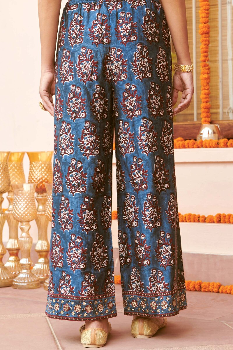 Blue Hand Block-Printed Chanderi Farsi