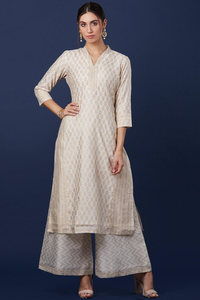 Off-White Block Printed Chanderi Palazzo