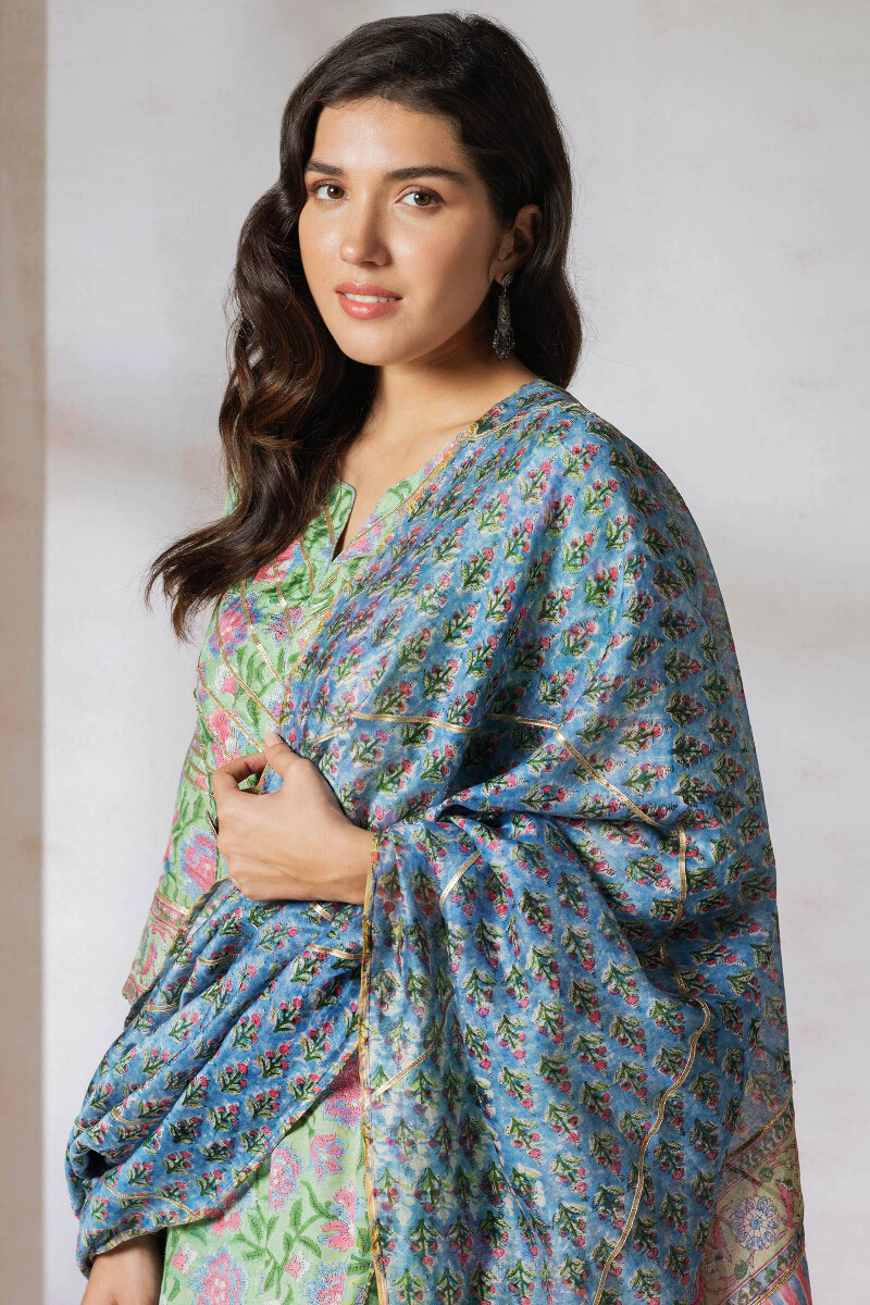Blue Block Printed Chanderi Dupatta