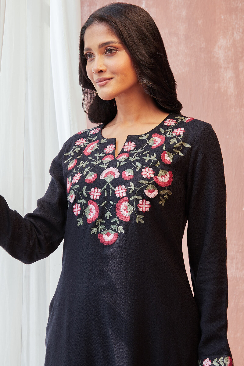 Black Handcrafted A-Line Faux Wool Kurta