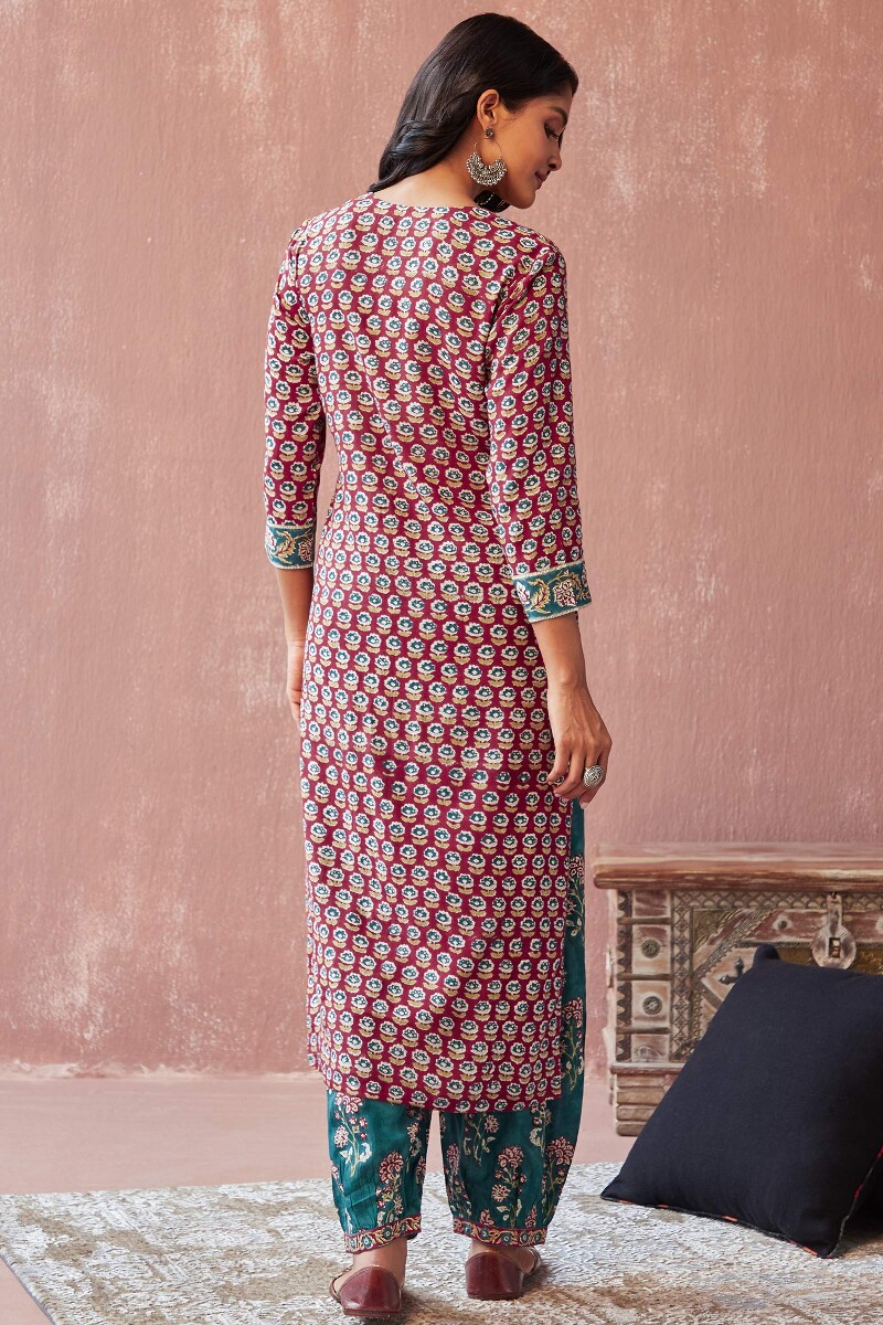 Red Hand Block-Printed Straight Viscose Kurta