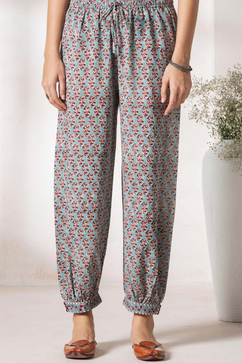 Turquoise Block Printed Cotton Izhaar Pants