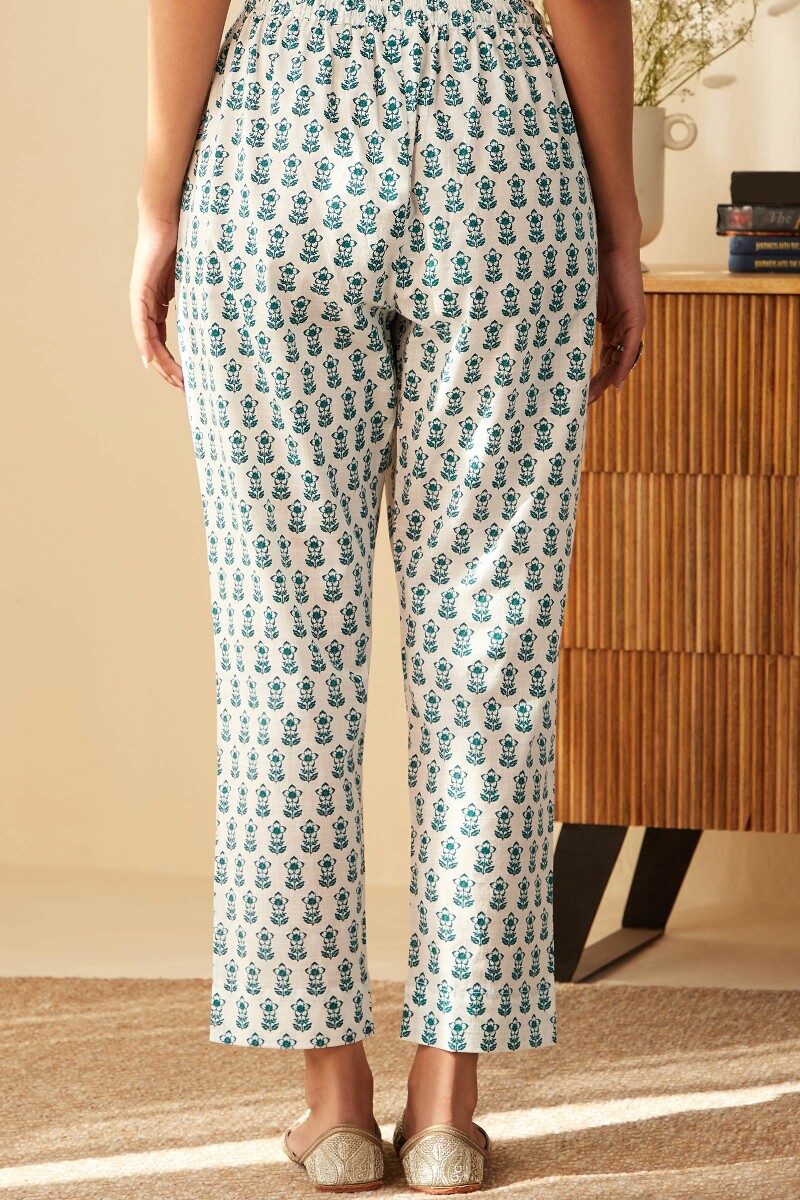 White Hand Printed Cotton Slub Narrow Pants