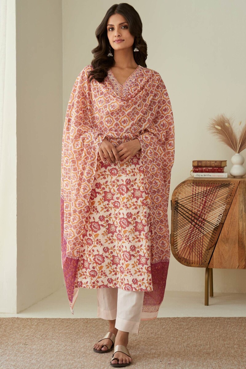 Peach Handcrafted Cotton Narrow Pants