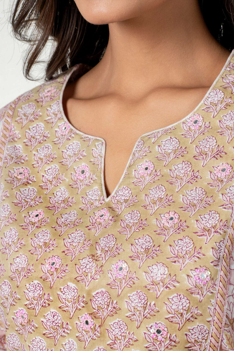 Brown Block Printed Straight Cotton Kurta