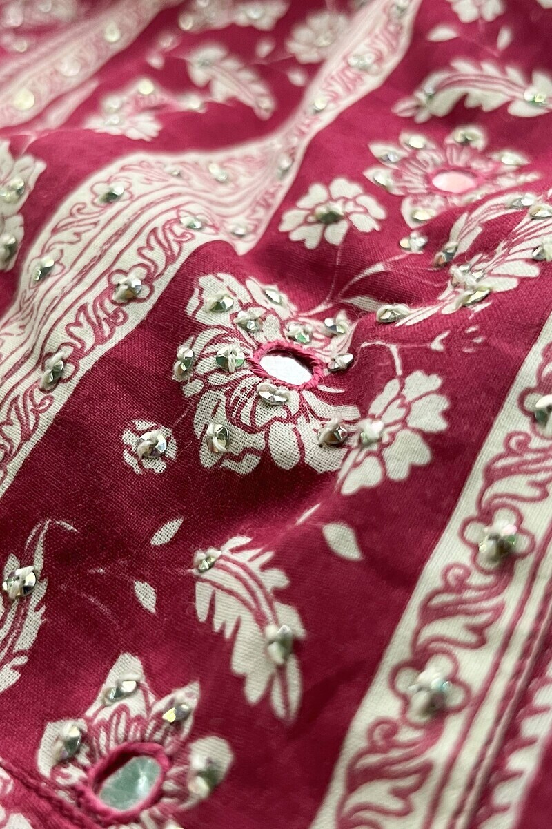 Pink Hand Printed Straight Cotton Kurta