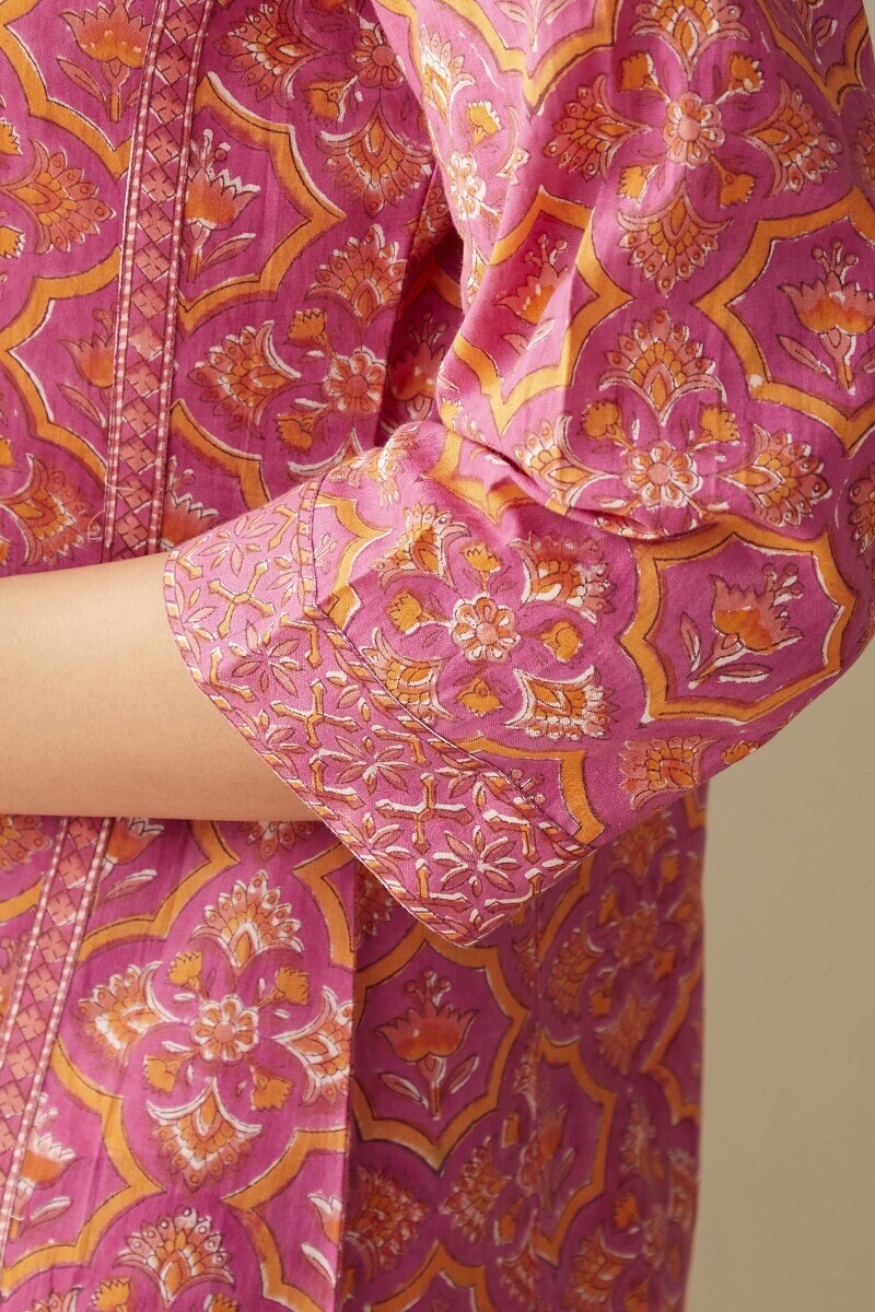 Purple Hand Block-Printed Straight Cotton Kurta