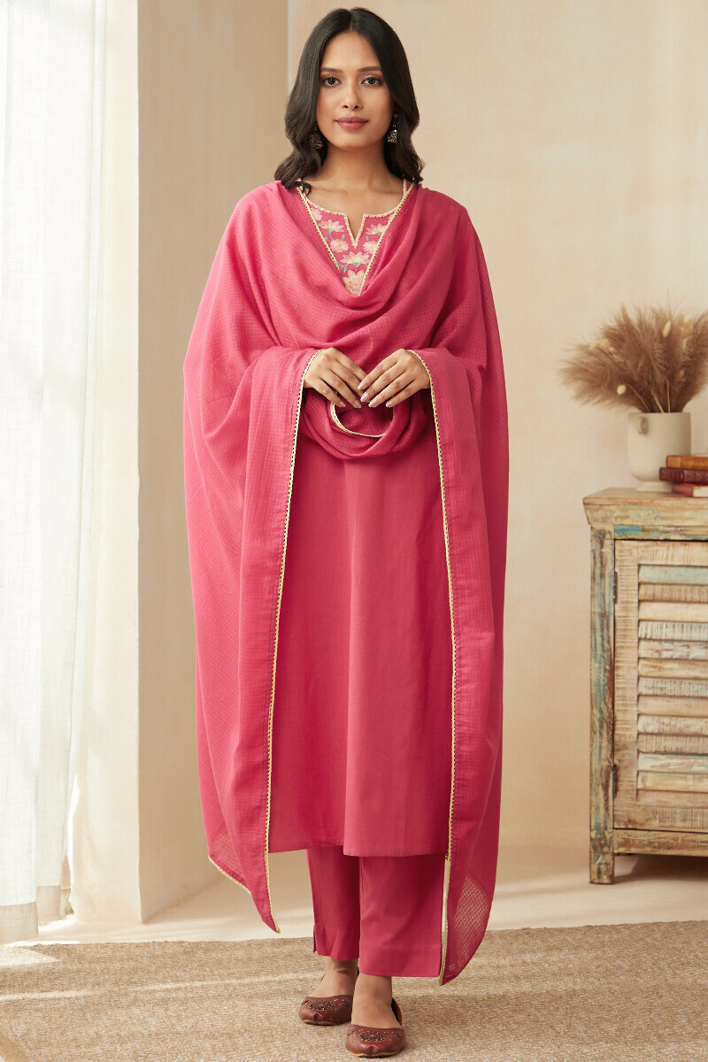 Pink Handcrafted Straight Cotton Flax Kurta