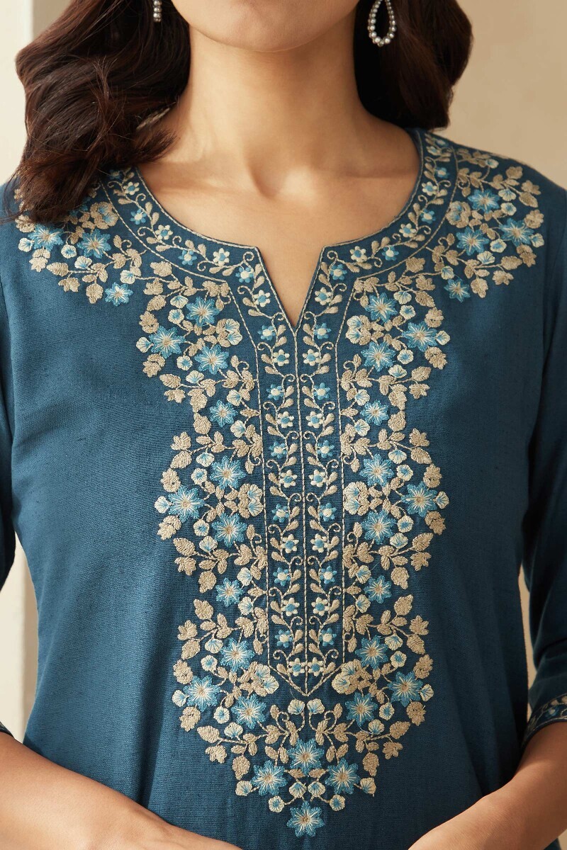 Twilight Blue Handcrafted Straight Cotton Flax Kurta