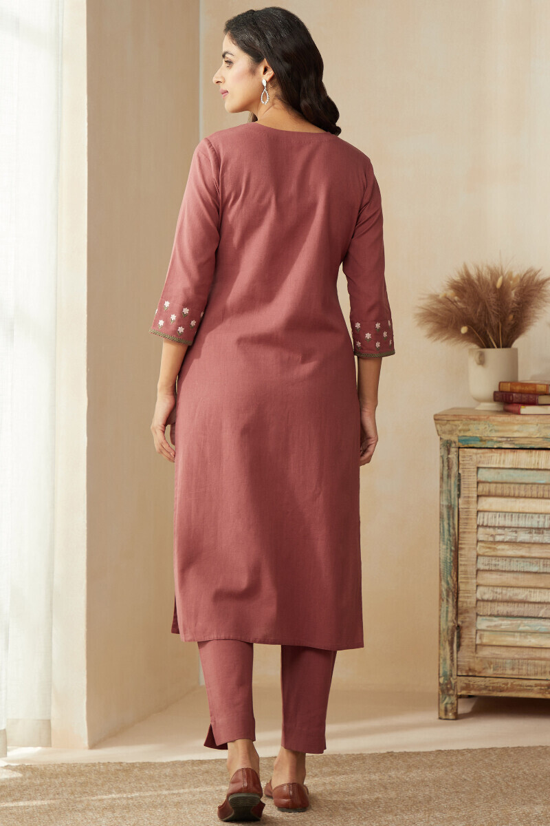 Dusky Red Handcrafted Straight Cotton Flax Kurta