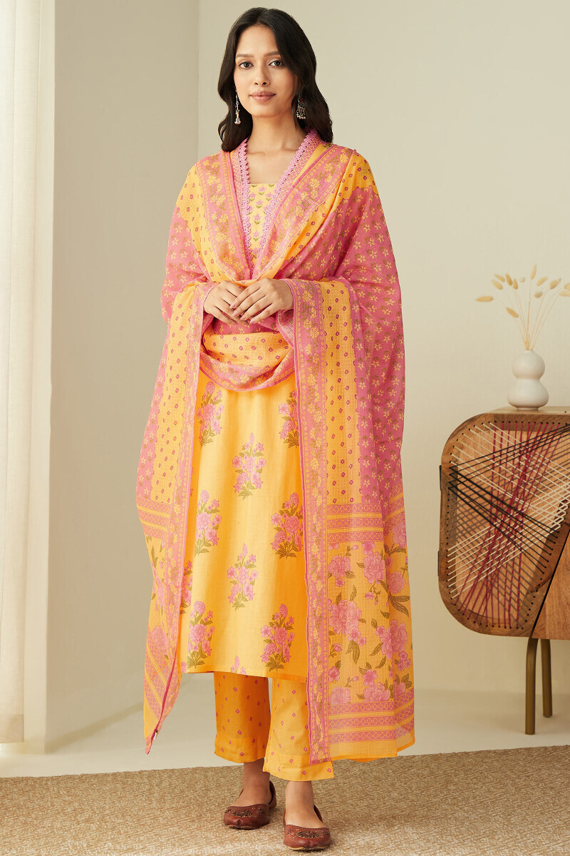 Yellow Printed Straight Cotton Kurta