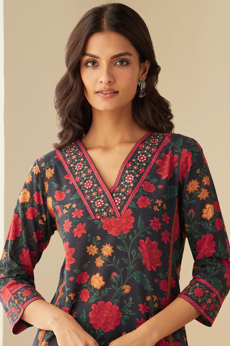 Black Printed Straight Cotton Kurta
