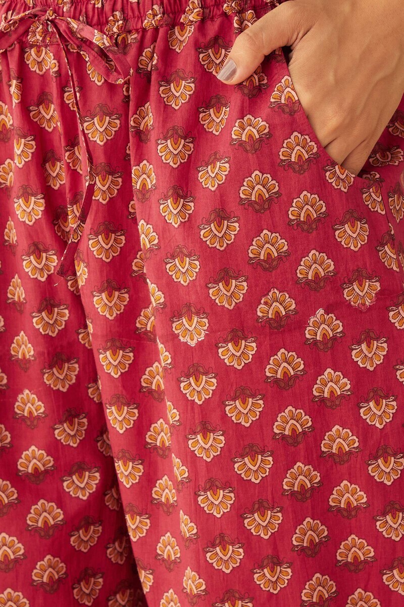 Pink Hand Printed Cotton Narrow Pants