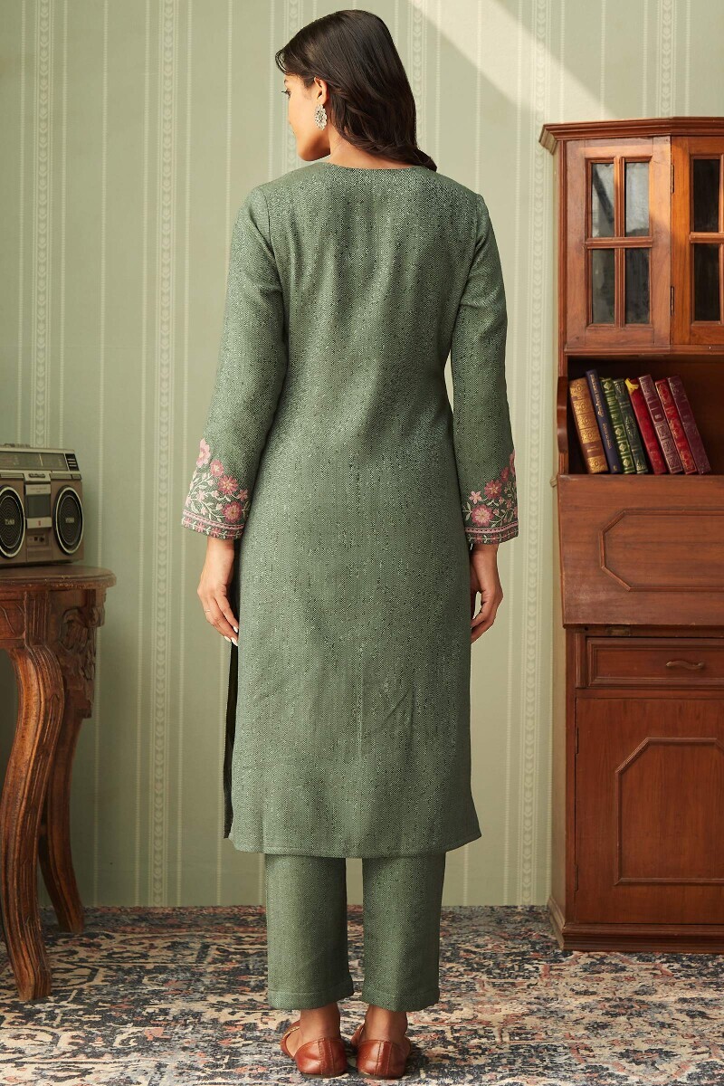 Green Handcrafted Straight Faux Wool Kurta