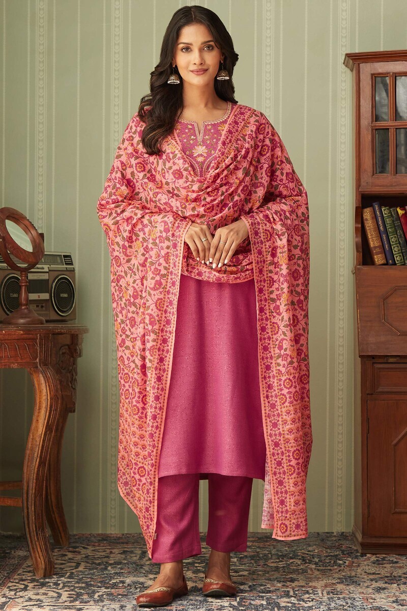 Pink Handcrafted Faux Wool Narrow Pants