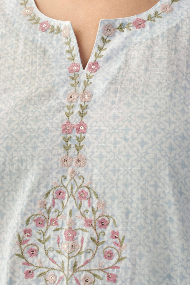 Grey Hand Block Printed Straight Cotton Kurta