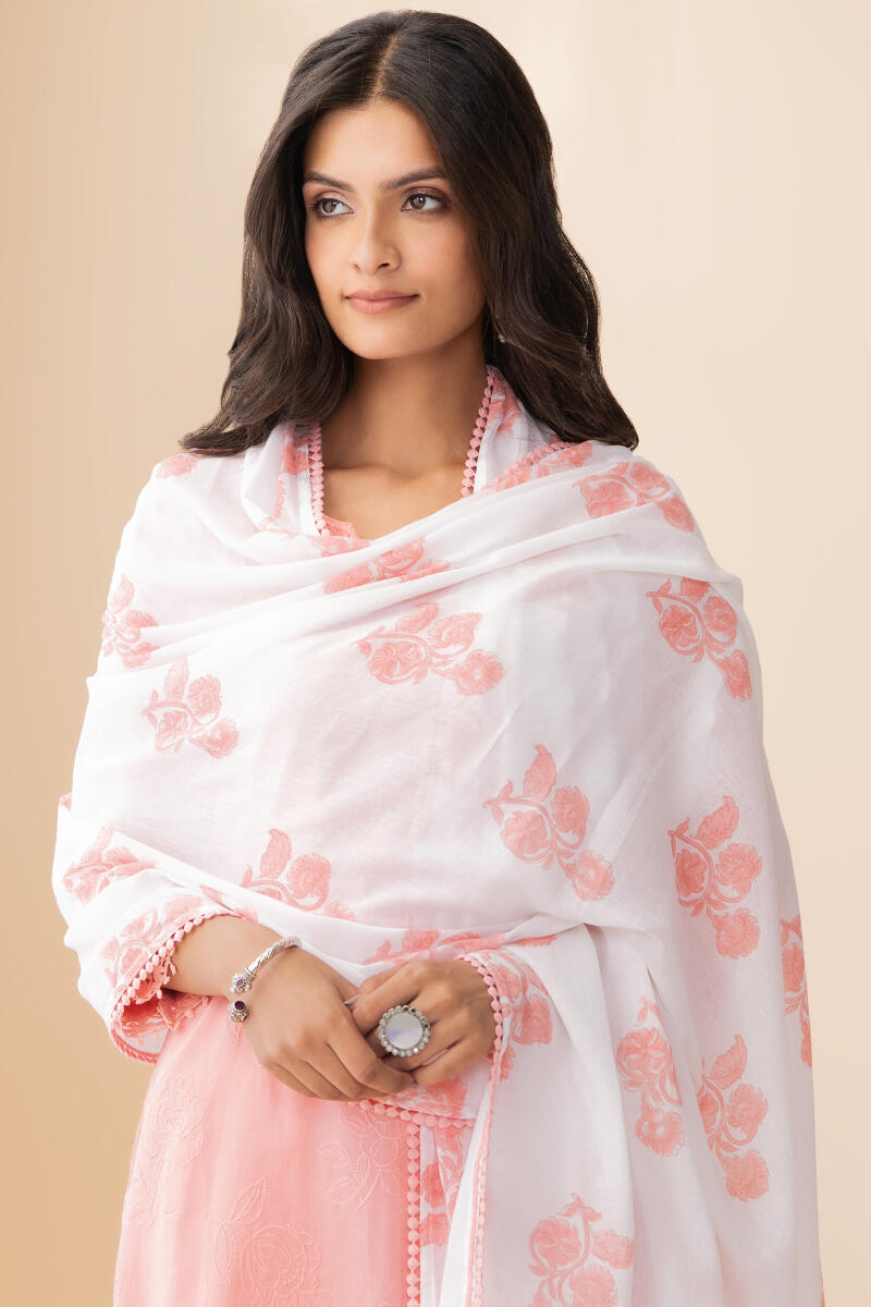 White Hand Block Printed Cotton Dupatta