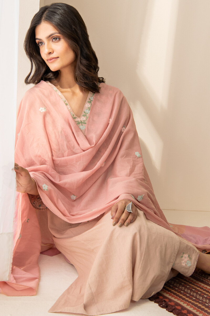 Pink Handcrafted Straight Cotton Flax Kurta