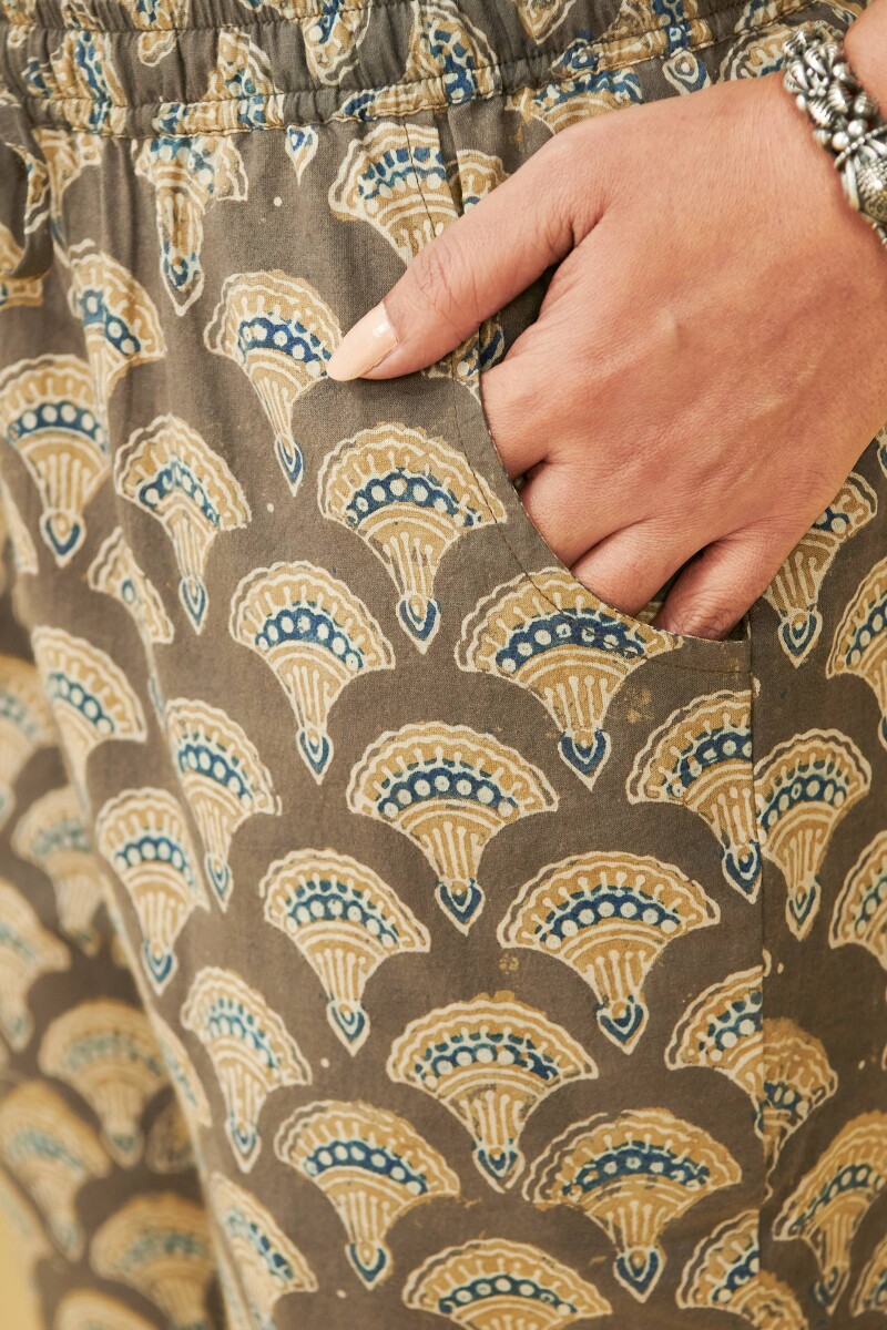 Brown Hand Block Printed Cotton Narrow Pants