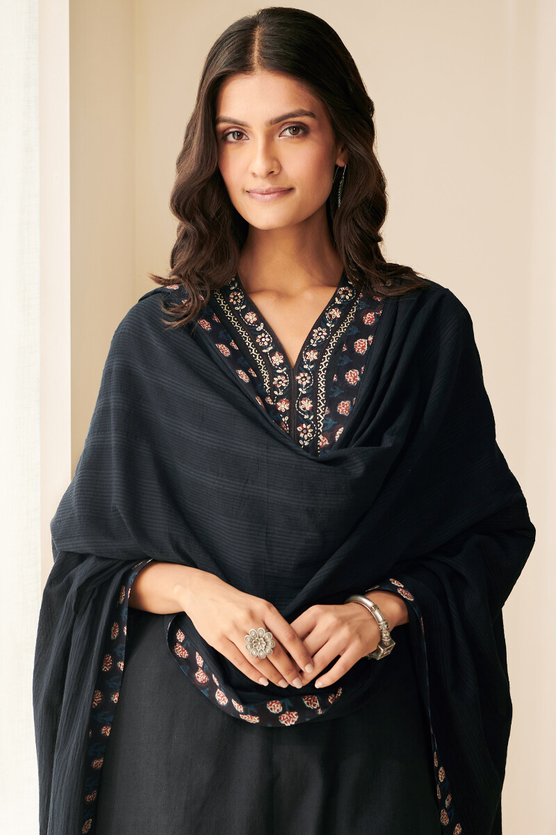 Black Hand Block Printed Cotton Dobby Dupatta
