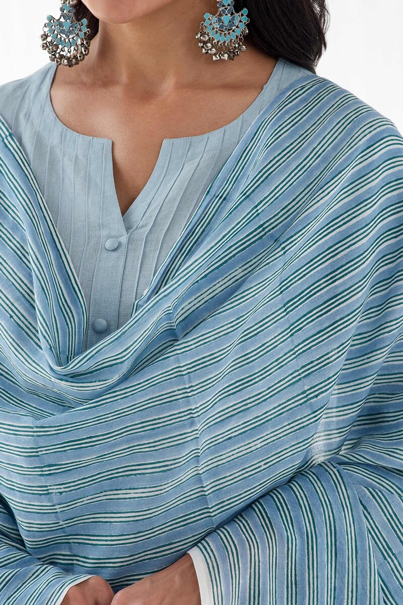 Blue Hand Block Printed Cotton Mul Dupatta