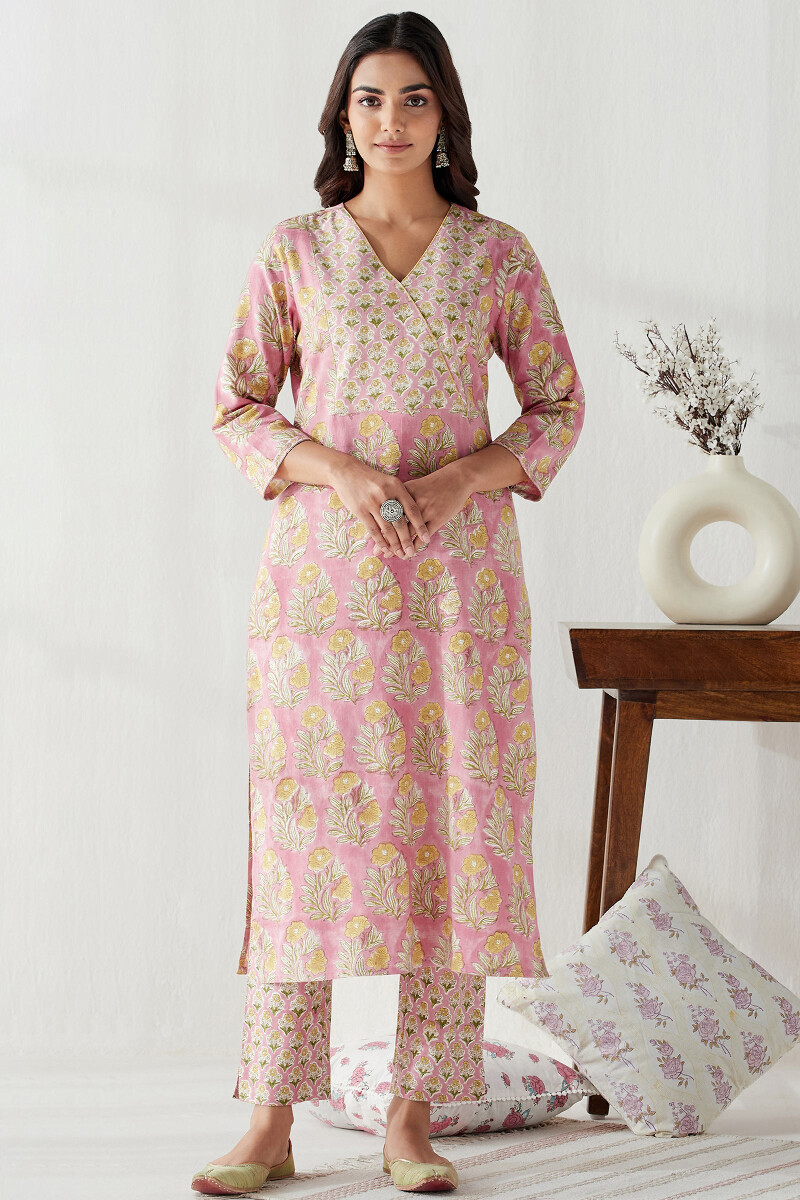 Pink Hand Block Printed Straight Modal Kurta